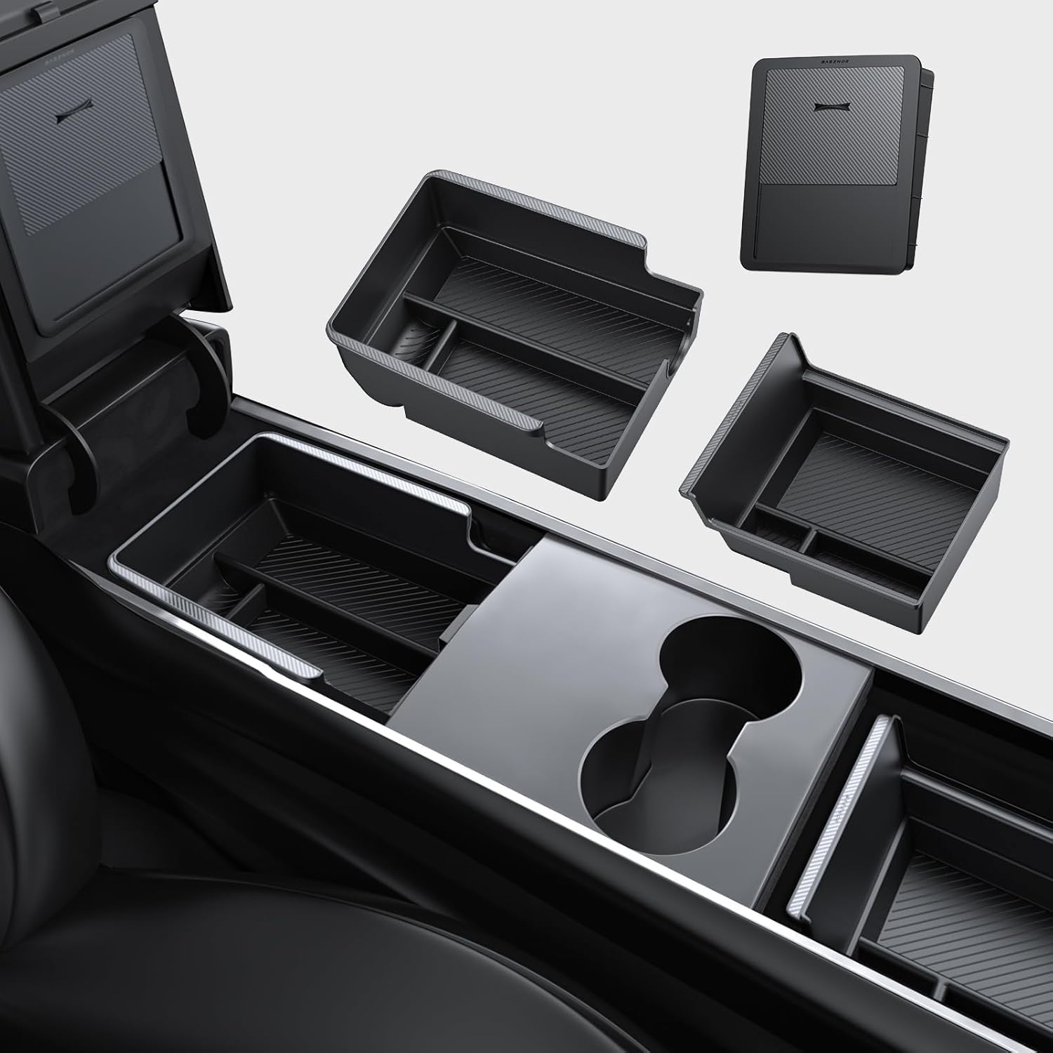 3 piezas Organizador de Consola Central Tesla Modelo Y Modelo 3 [Edición de Fibra de Carbono] Caja de Almacenamiento Oculta para Reposabrazos, Personalizado para Tesla Modelo Y 2021-2024