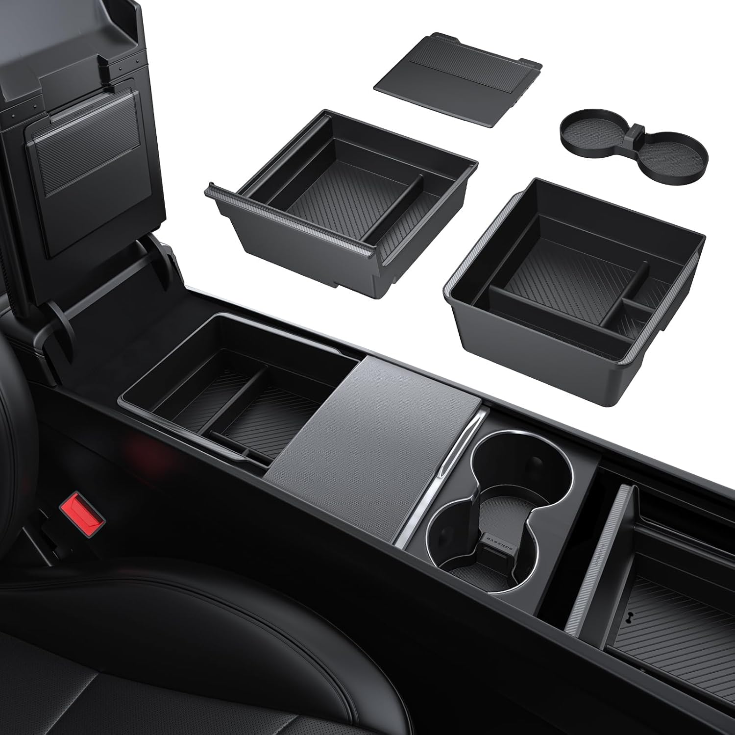 Bandeja organizadora de consola central Tesla modelo Y modelo 3 2026, soporte para tazas, caja de almacenamiento oculta para 2025 2026 Modelo Y Juniper 2024 2025 2026 Tesla 3 Highland
